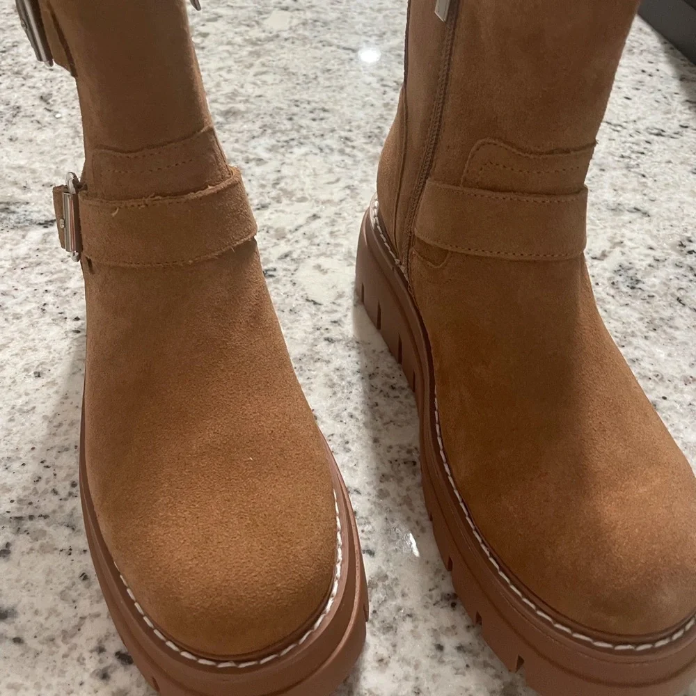 Tan Suede Ankle Boots with Buckles - Picture 2 of 7